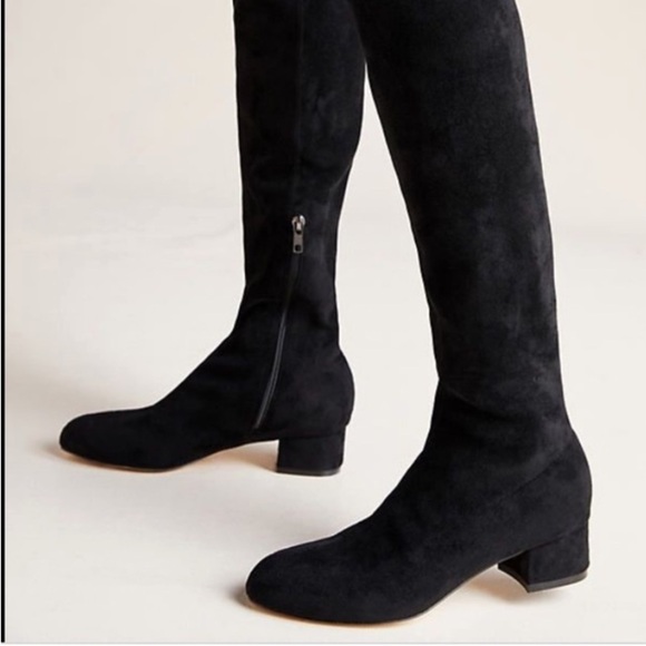 Anthropologie Black Suede Over-The-Knee Boots 1.5” Block Heel Sz 6 Witchy Office - Picture 6 of 16